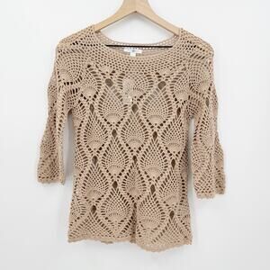 Roz & Ali Crochet Top Boho Cottagecore Fairy Beige Open Knit Cotton M Woodland
